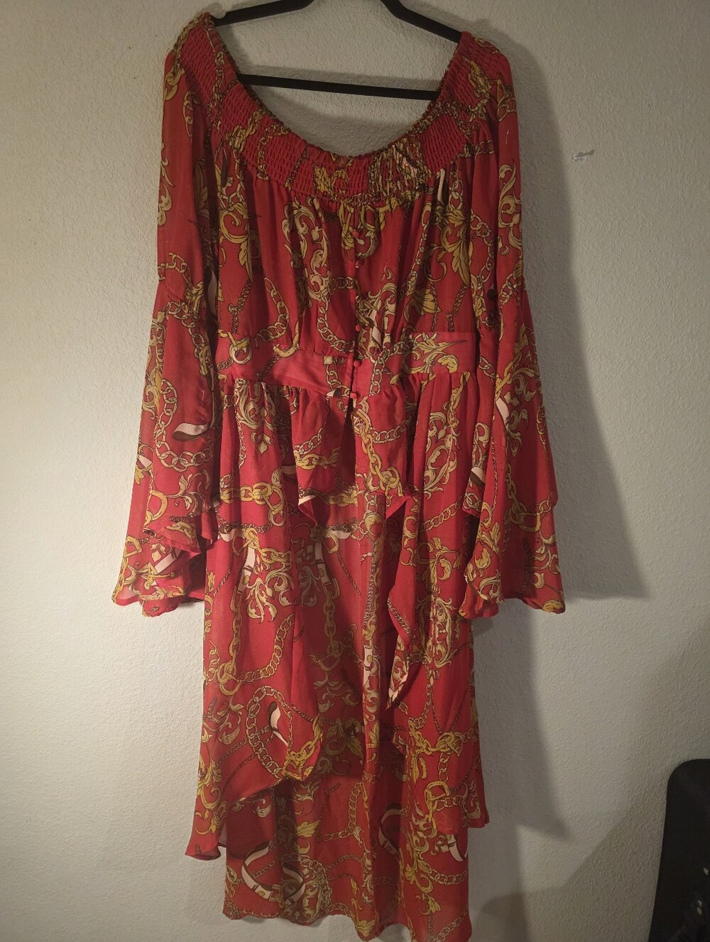 Red Chain-Print Off-Shoulder Hi/Lo Top/Dress